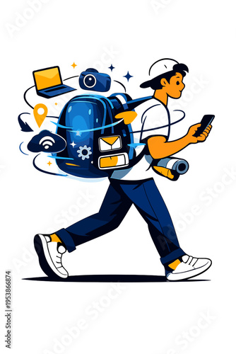Futuristic Travel Backpack. Smart Backpack. Person carrying floating glowing backpack with orbiting abstract