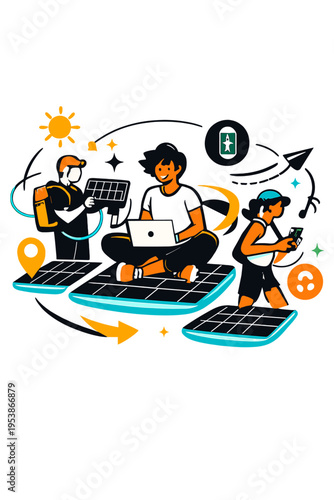 Futuristic Solar Tech Scene. Portable Solar Charger. Person using floating glowing solar panels and orbiting