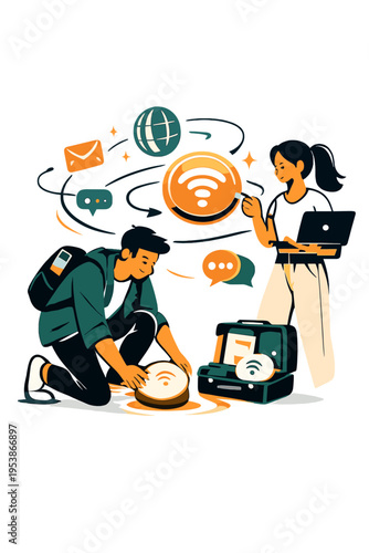 Seamless Connectivity Setup. Wireless Connectivity Kit. Person setting up floating glowing hotspot devices and