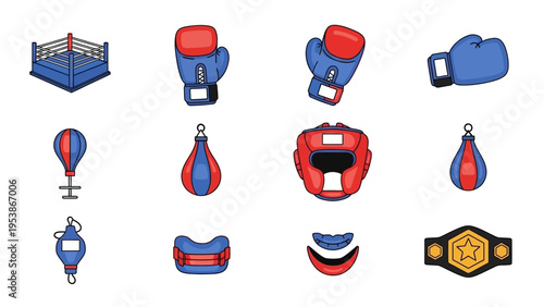 Boxing Equipment Icons: Ring, Gloves, Punching Bags, Headgear, Mouthguard, Belt