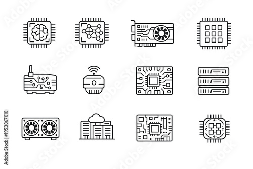   Outline icon set of AI hardware: AI accelerator, neural chip, GPU unit, tensor processor,