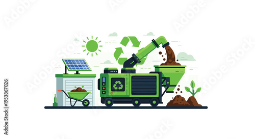 A green composting machine with a solar panel processes organic waste into soil under a green sun and recycling symbol.