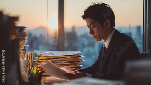 Overworked Businessman Processing Paperwork at Sunset / 夕日を背に山積みの書類を処理する過労のビジネスマン