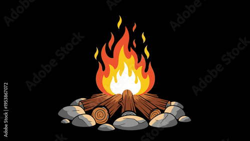 Campfire with Burning Logs and Rocks on Black Background