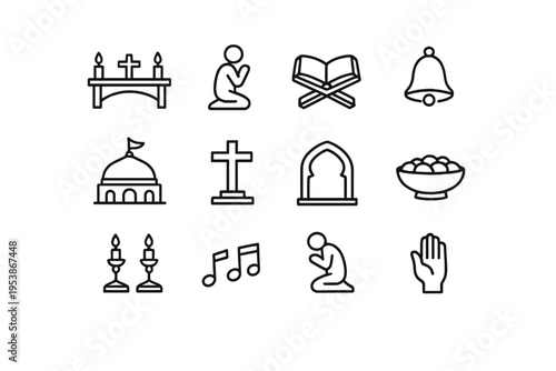   Religious Worship. Line outline icon set of Religious Worship: altar table, praying person,