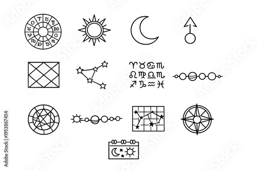   Astrology and Zodiac Signs. Line outline icon set of Astrology and Zodiac Signs: zodiac