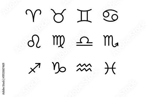 Zodiac Symbols Grid. Zodiac Symbols. Line outline icon set of Zodiac Symbols: aries symbol, taurus symbol,