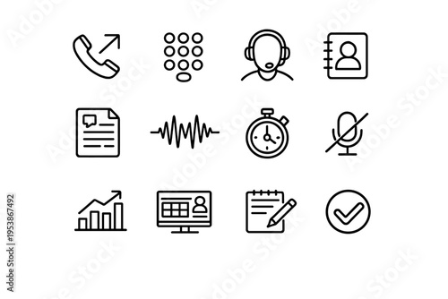   Outbound Calling. Line outline icon set of Outbound Calling: outgoing phone, dialing keypad,