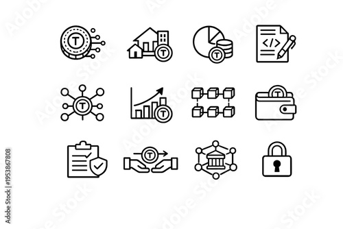   Tokenized Assets. Line outline icon set of Tokenized Assets: asset token, real world asset,