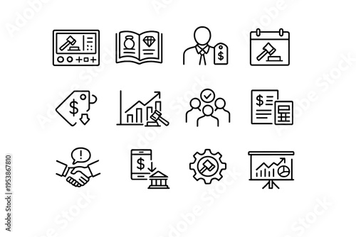   Auction Management. Line outline icon set of Auction Management: auction control panel, item