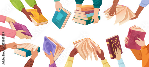 Hand holding book vector set - open and closed volumes in cartoon style. Library collection with paper pages, student study materials and reading club designs for school education projects.