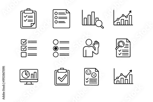   Survey and Polls. Line outline icon set of Survey and Polls: survey form, question list,
