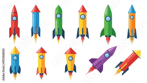 Collection of colorful cartoon rockets flying on white background