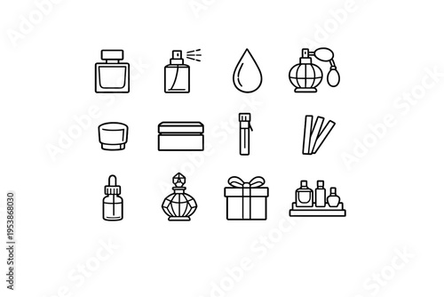   Perfumes and Fragrances. Line outline icon set of Perfumes and Fragrances: perfume bottle,