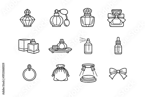   Luxury Perfume. Line outline icon set of Luxury Perfume: crystal perfume bottle, gold