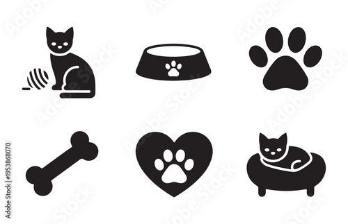 Set of black and white pet icons, cat with yarn, pet food bowl, paw print, dog bone, heart, cat bed