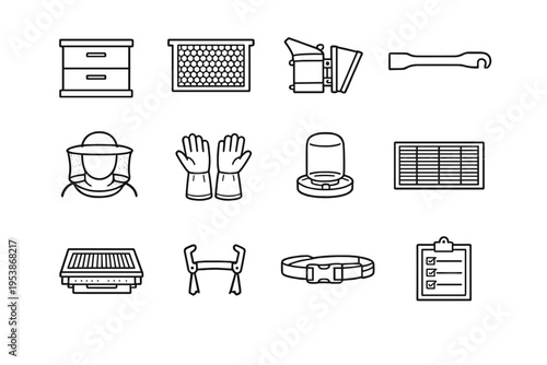   Beekeeping Equipment. Line outline icon set of Beekeeping Equipment: wooden hive box, hive