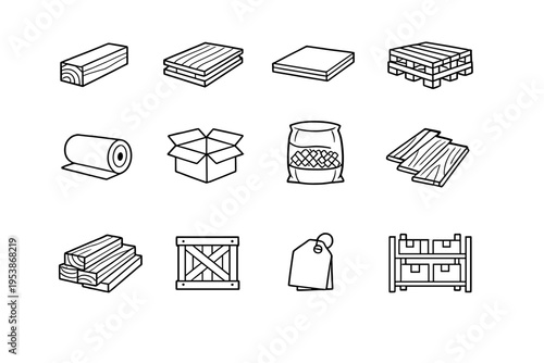   Timber Products. Line outline icon set of Timber Products: wooden beam, plywood sheet,