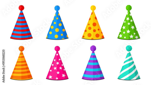 Collection of colorful party hats with pom-poms on a white background