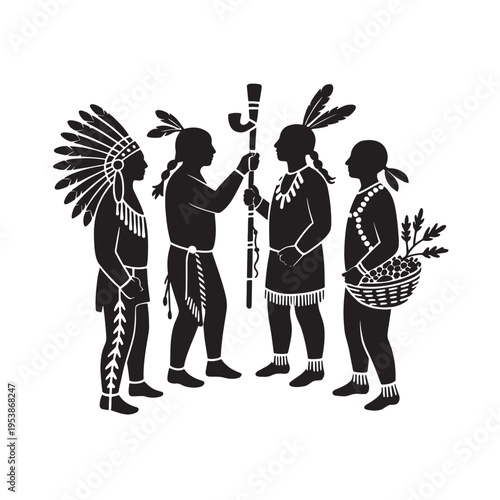 A black and white silhouette illustration depicting four indigenous people in traditional clothing Vector