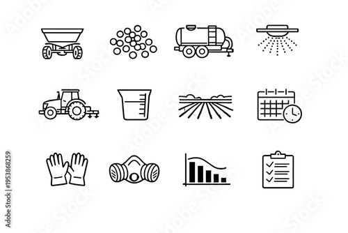   Fertilizer Application. Line outline icon set of Fertilizer Application: fertilizer spreader