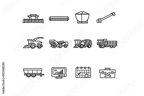   Harvesting Machines. Line outline icon set of Harvesting Machines: combine header, crop
