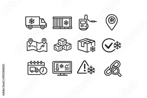   Cold Chain Logistics. Line outline icon set of Cold Chain Logistics: refrigerated truck,