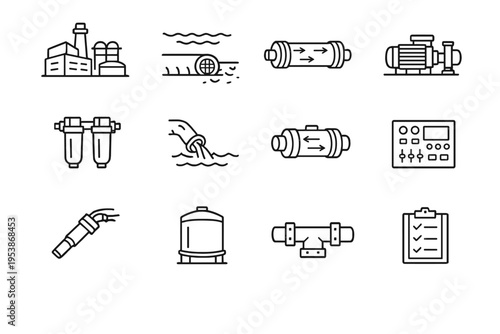   Desalination Technologies. Line outline icon set of Desalination Technologies: desalination