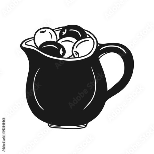 A pitcher filled with black and green whole olives. A hand-drawn illustration in sketch style. Food, culinary, kitchen themes