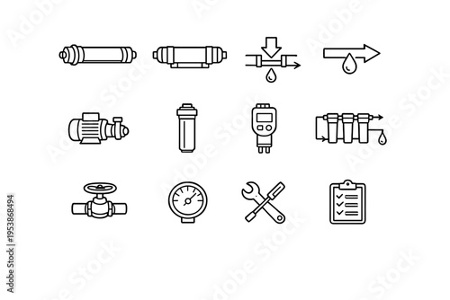   Reverse Osmosis. Line outline icon set of Reverse Osmosis: RO membrane module, pressure