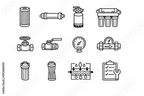   Water Filtration. Line outline icon set of Water Filtration: filter cartridge, membrane