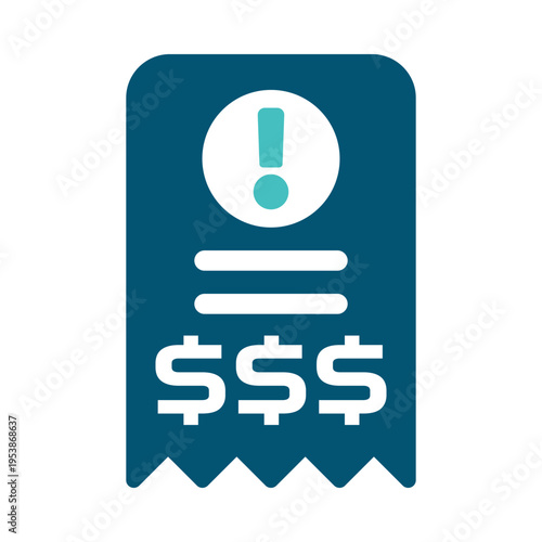 A receipt with an alert symbol represents an overdue bill or unpaid invoice. This graphic suits payment reminders, collection workflows, accounting dashboards, and finance service materials