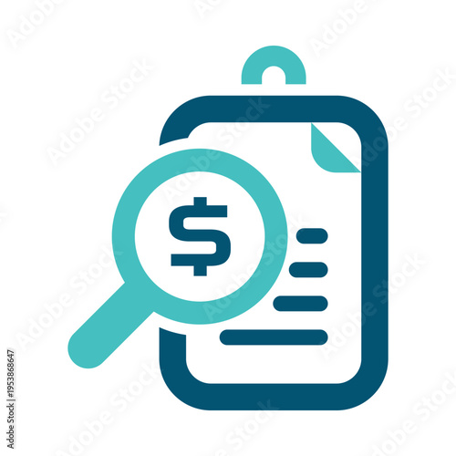 A document with a magnifier and money sign represents invoice lookup and review. This graphic suits billing software, accounting dashboards, finance reports, and document management materials