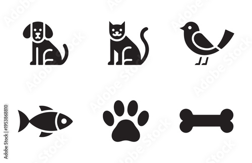 Collection of six black silhouette icons for pets and animals dog cat bird fish paw print and bone