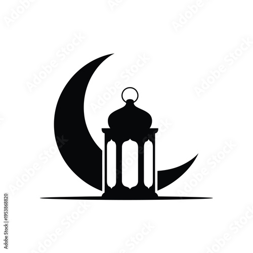 Ramadan crescent moon and ornate lantern silhouette on a plain background
