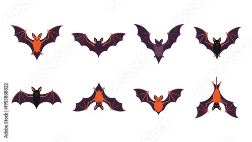 Collection of Halloween Bats Flying and Hanging, Vector Icons