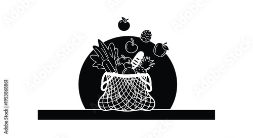 A mesh shopping bag overflowing with groceries is depicted in black and white with fruits floating above.