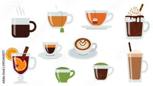 Collection of Hot and Cold Drinks in Cups and Glasses