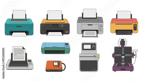 Collection of modern printers and 3D printer, flat design icons