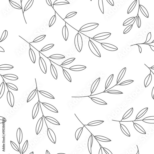 Seamless pattern featuring delicate hand drawn botanical leaf and stem illustrations