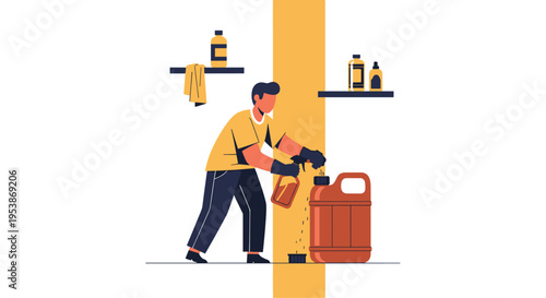 A person wearing black gloves pours liquid from an orange spray bottle into a large brown container.