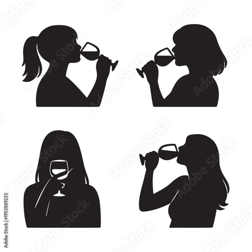 A collection of four distinct black silhouettes depicting women drinking wine from stemmed glasses Vector