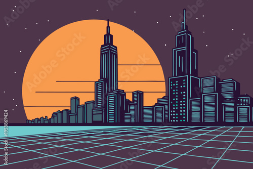 Retro cityscape with glowing moon and neon grid landscape
