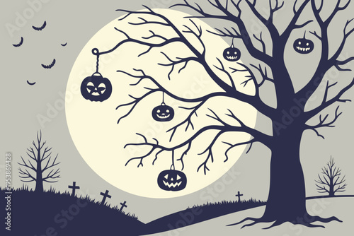 Spooky halloween scene with jack o lanterns hanging from a bare tree