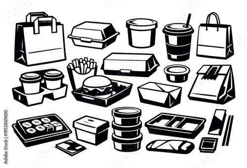 Assortment of popular takeout food packaging such as boxes, cups, bags, and containers, showcasing a range of ready-to-eat meals