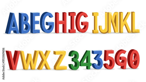 Colorful 3D Alphabet Letters and Numbers Isolated on White Background
