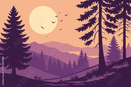 Silhouette of pine trees against a vibrant sunset landscape