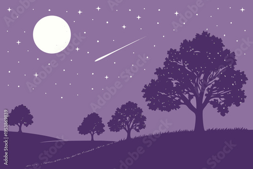 A serene night landscape featuring a full moon and shooting star