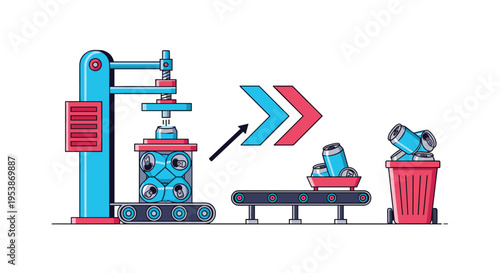An industrial machine compresses aluminum cans on a conveyor belt, moving them towards a trash bin filled with more cans.