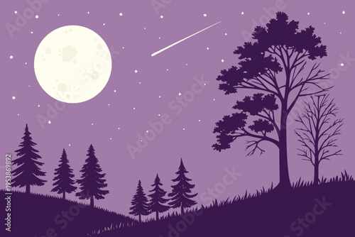 Silhouetted trees and a bright full moon in a night sky